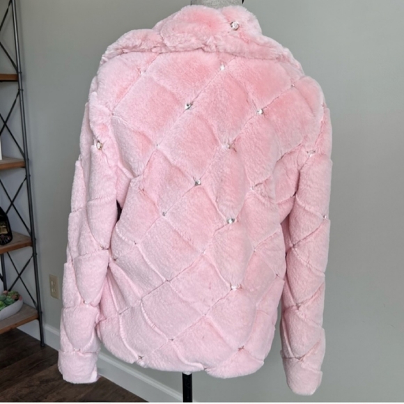 NYCO Pink Faux Fur Coat Quilted Embellished Jacket Barbie Bling Medium - Picture 6 of 14